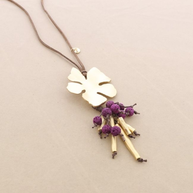 LONG NECKLACE PENDANT FLOWER METAL PENDANT LAVA BEADS