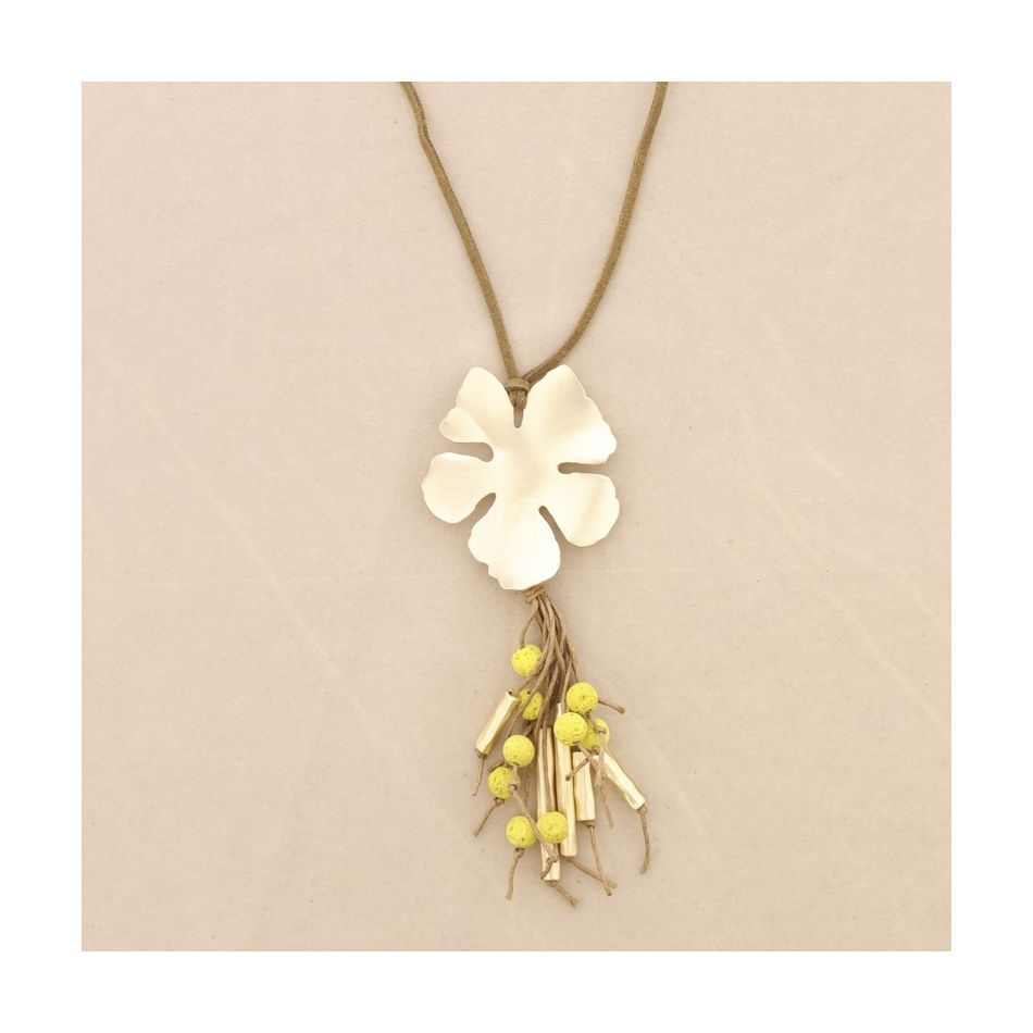 COLLAR LARGO COLGANTE FLOR METAL COLGANTE CUENTAS LAVAS