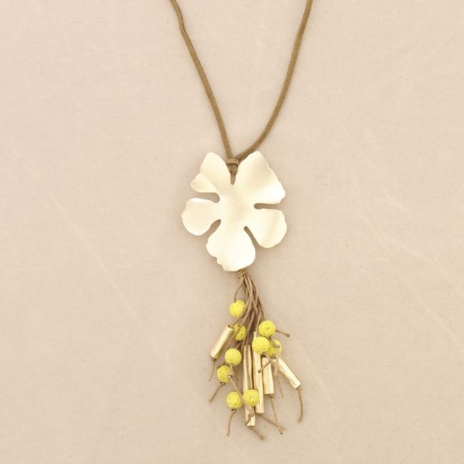 LONG NECKLACE PENDANT FLOWER METAL PENDANT LAVA BEADS