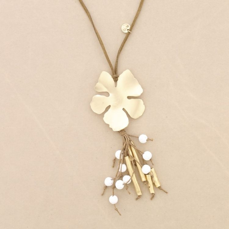 COLLAR LARGO COLGANTE FLOR METAL COLGANTE CUENTAS LAVAS 2
