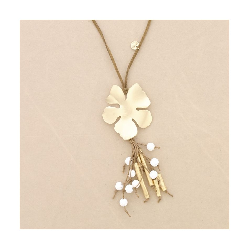 COLLAR LARGO COLGANTE FLOR METAL COLGANTE CUENTAS LAVAS
