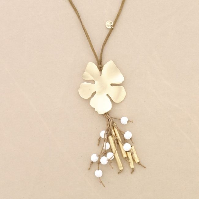 COLLAR LARGO COLGANTE FLOR METAL COLGANTE CUENTAS LAVAS