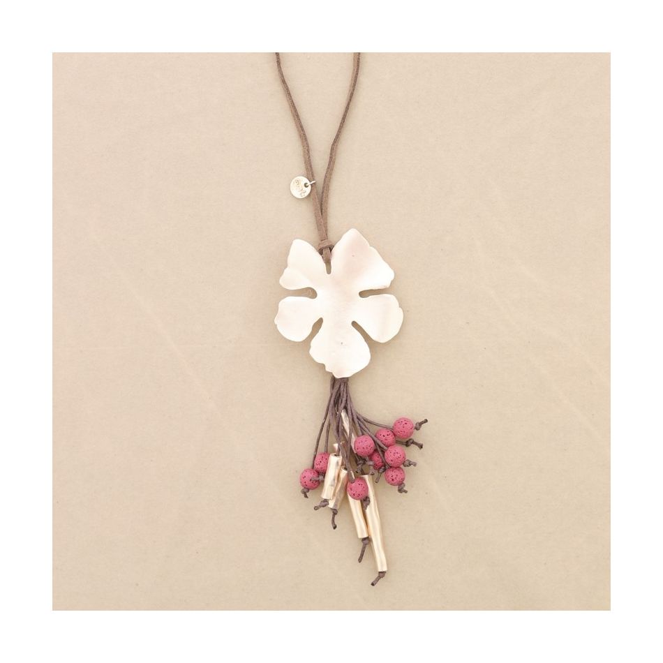 LONG NECKLACE PENDANT FLOWER METAL PENDANT LAVA BEADS