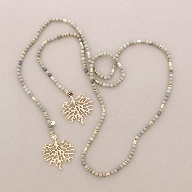 CORAL DOUBLE PENDANT STONES LONG NECKLACE