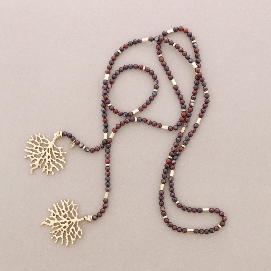 COLLAR LARGO PIEDRAS DOBLE COLGANTE CORAL