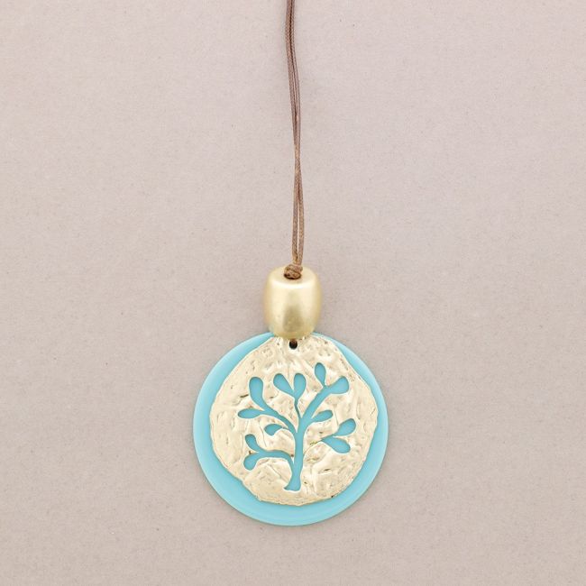 LONG RESIN METAL MEDALLION PENDANT NECKLACE