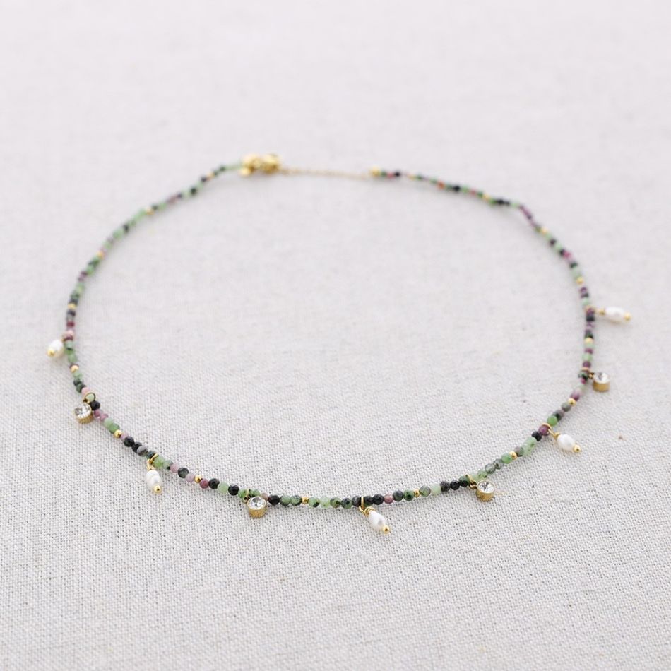 STEEL PENDANT STONES NECKLACE PEARLS