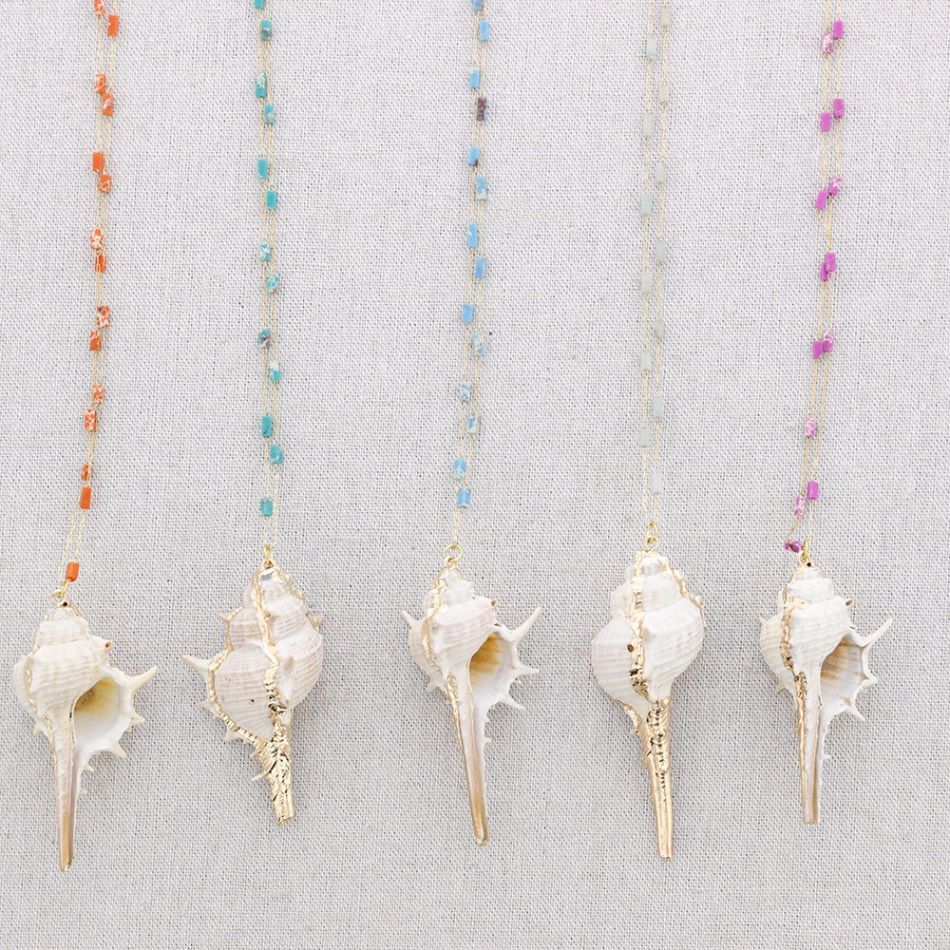 LONG STEEL NECKLACE STONES SEASHELL PENDANT