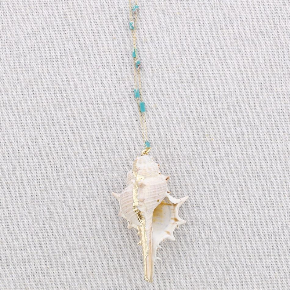 LONG STEEL NECKLACE STONES SEASHELL PENDANT