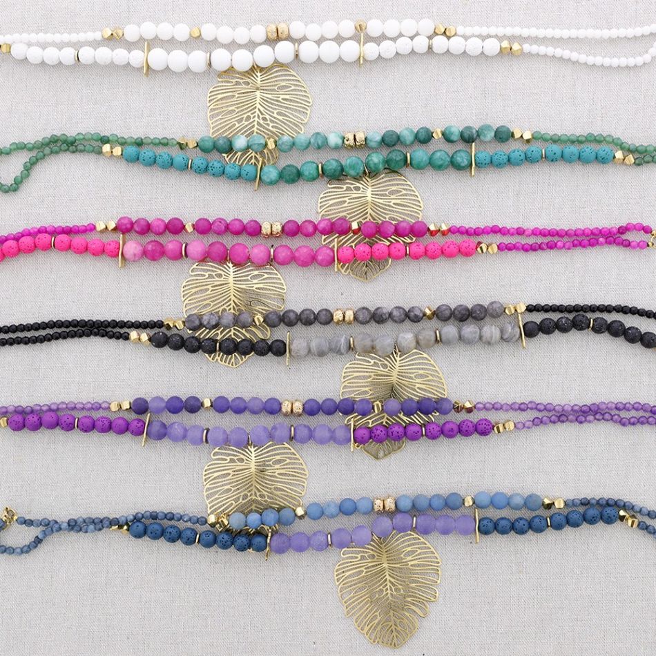 DOUBLE STRIP STEEL NECKLACE BEADED STONES LEAF PENDANT
