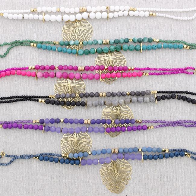 DOUBLE STRIP STEEL NECKLACE BEADED STONES LEAF PENDANT