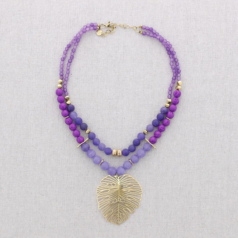 DOUBLE STRIP STEEL NECKLACE BEADED STONES LEAF PENDANT
