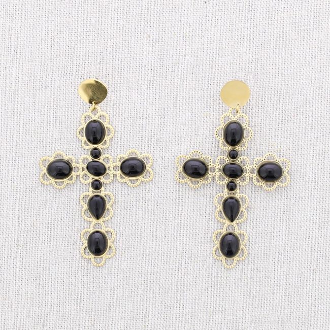 STEEL CROSS STONES EARRINGS