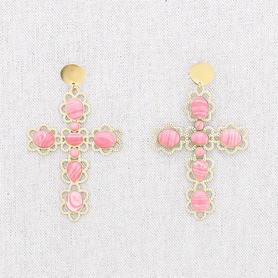 STEEL CROSS STONES EARRINGS