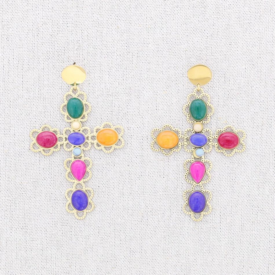 STEEL CROSS STONES EARRINGS