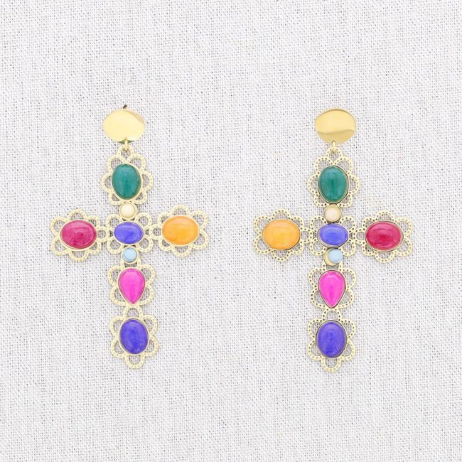 STEEL CROSS STONES EARRINGS