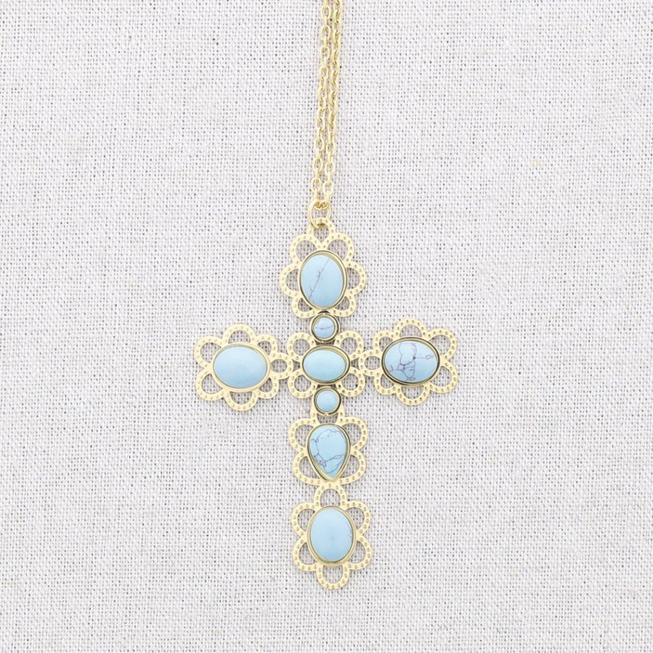 LONG STONE CROSS PENDANT STEEL NECKLACE