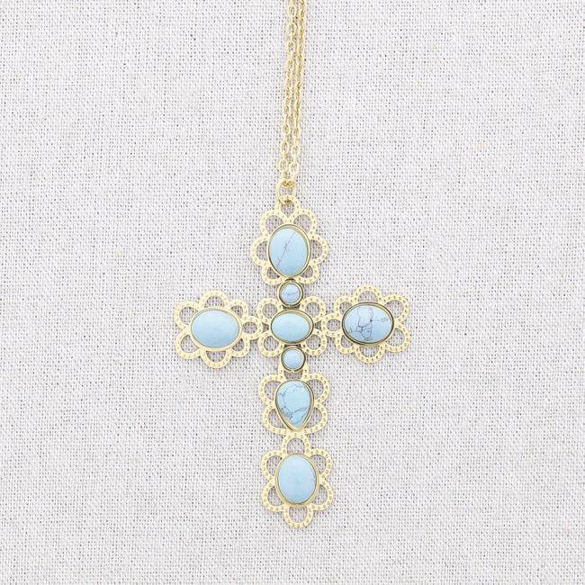 LONG STONE CROSS PENDANT STEEL NECKLACE
