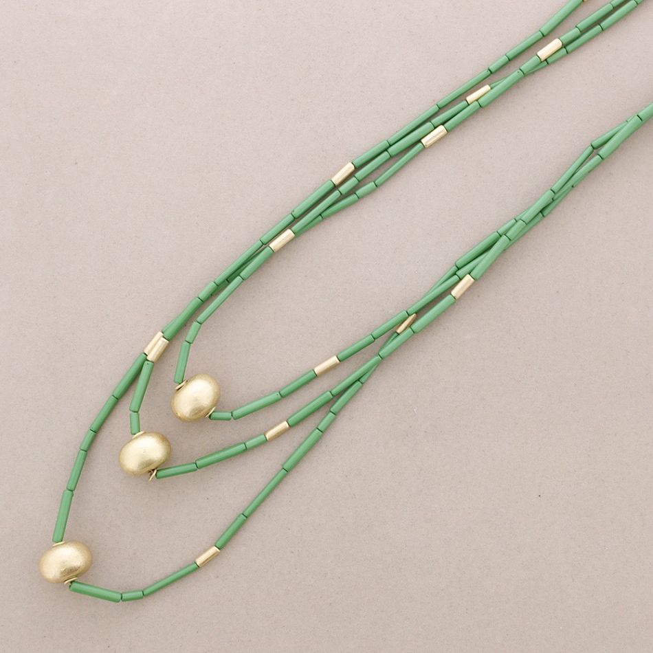 LONG NECKLACE THREE STRIPES METALLIC BEADS RESIN