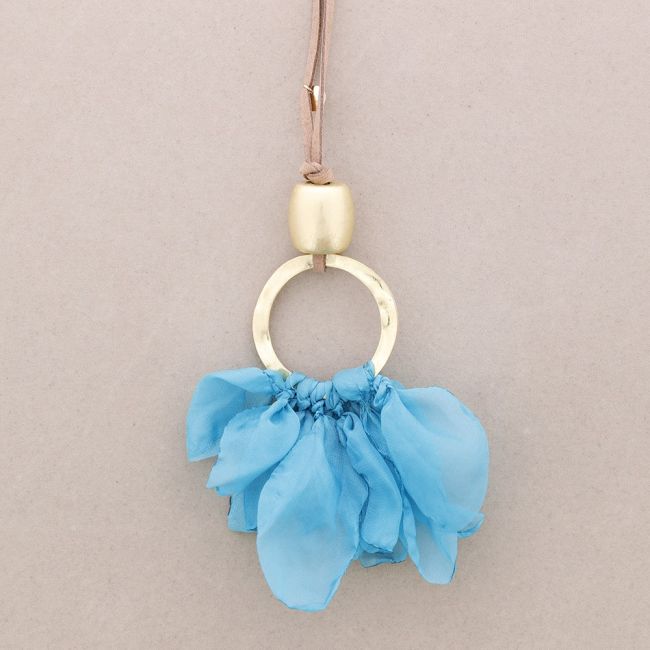 LONG NECKLACE METAL CIRCLE PENDANT FABRIC FLOWERS