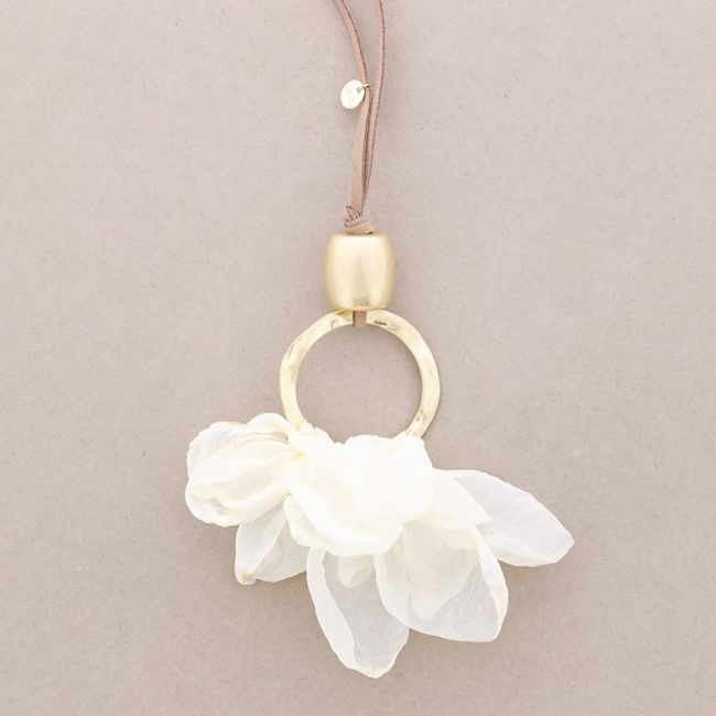 LONG NECKLACE METAL CIRCLE PENDANT FABRIC FLOWERS