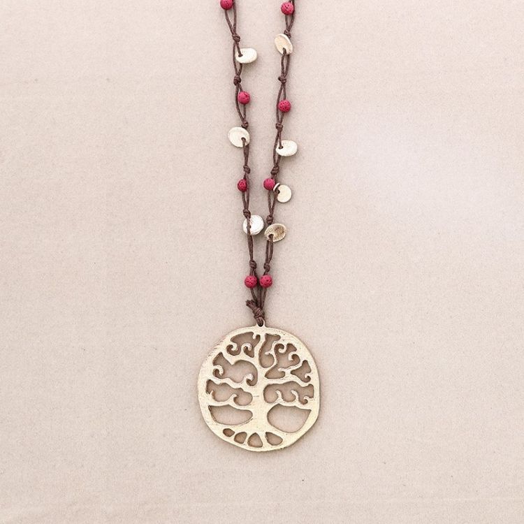 COLLAR LARGO CUENTAS LAVAS TRENZADAS COLGANTE ÁRBOL DE LA VIDA METAL