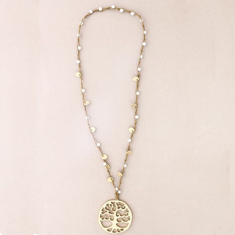 METAL TREE OF LIFE PENDANT LONG NECKLACE WITH BRAIDED LAVA BEADS 2