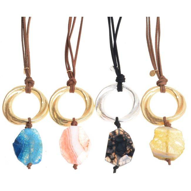 LONG NECKLACE PENDANT METAL STONE RING