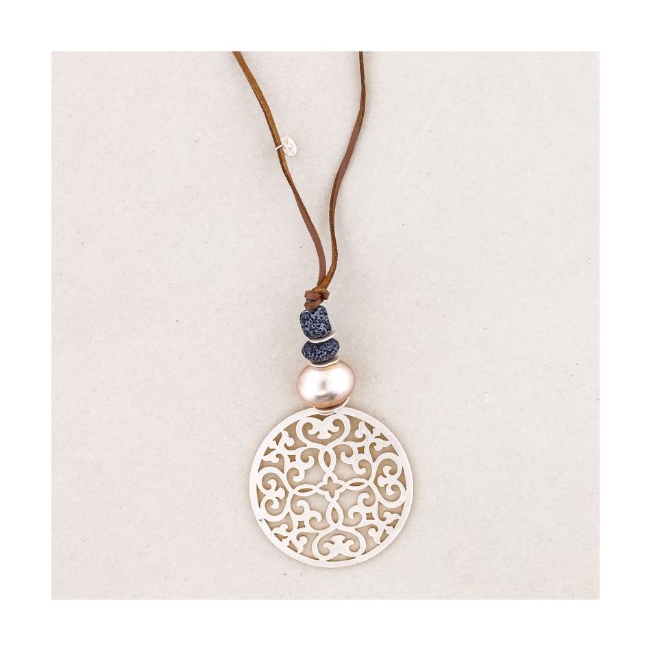 LONG NECKLACE PENDANT METAL FRETWORK MEDALLION