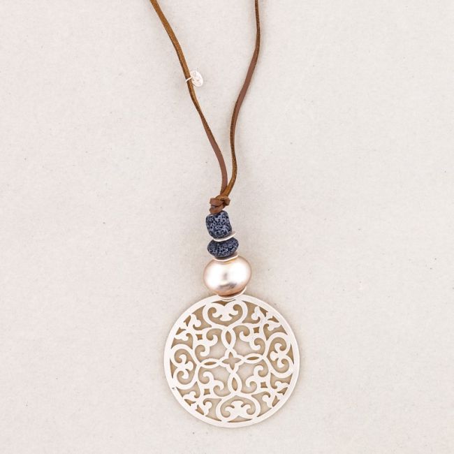LONG NECKLACE PENDANT METAL FRETWORK MEDALLION