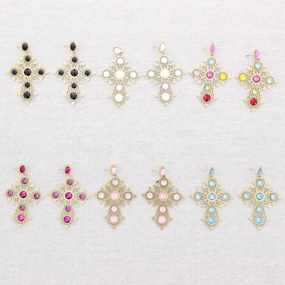 STEEL CROSS STONES EARRINGS