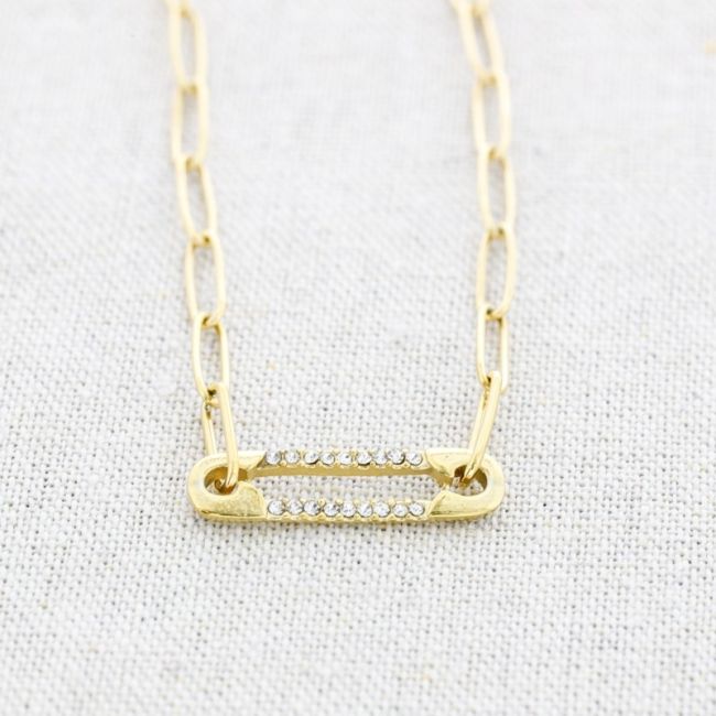 CRYSTALS SAFETY PIN STEEL SHORT NECKLACE