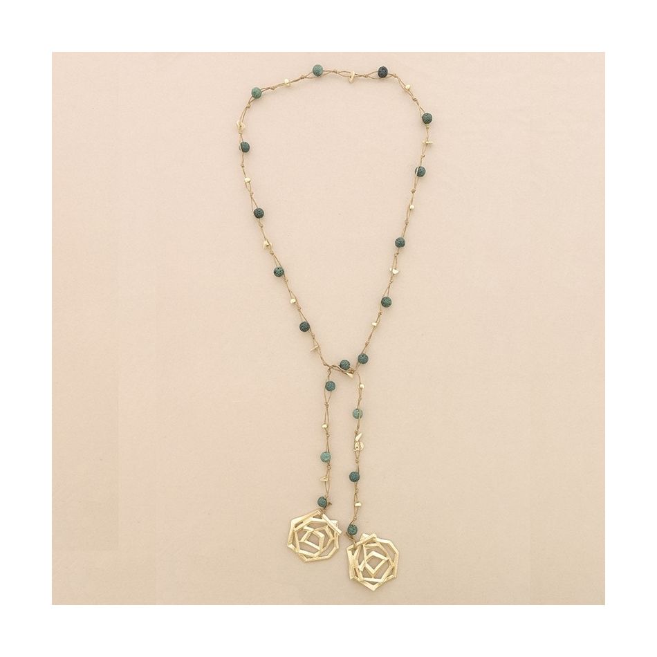 METAL DOUBLE SPIRAL BRAIDED LAVA BEADS LONG NECKLACE