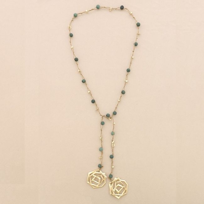 COLLAR LARGO CUENTAS LAVAS TRENZADAS DOBLE ESPIRAL METAL