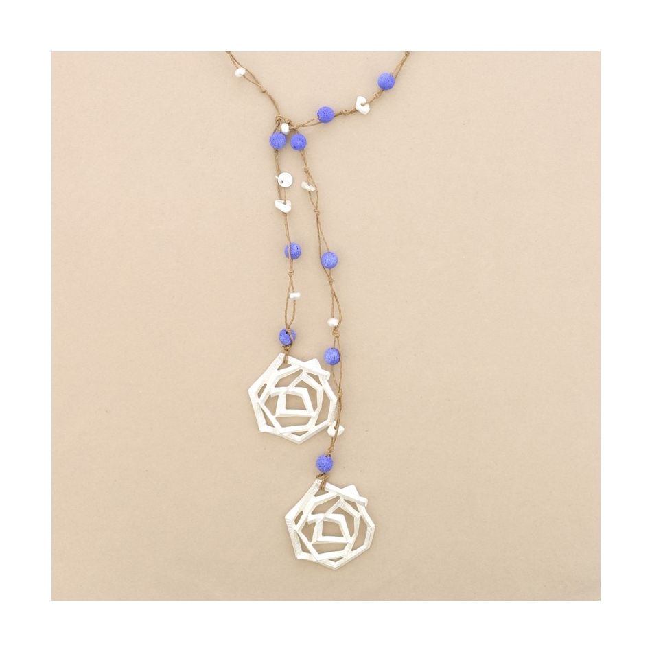 METAL DOUBLE SPIRAL BRAIDED LAVA BEADS LONG NECKLACE