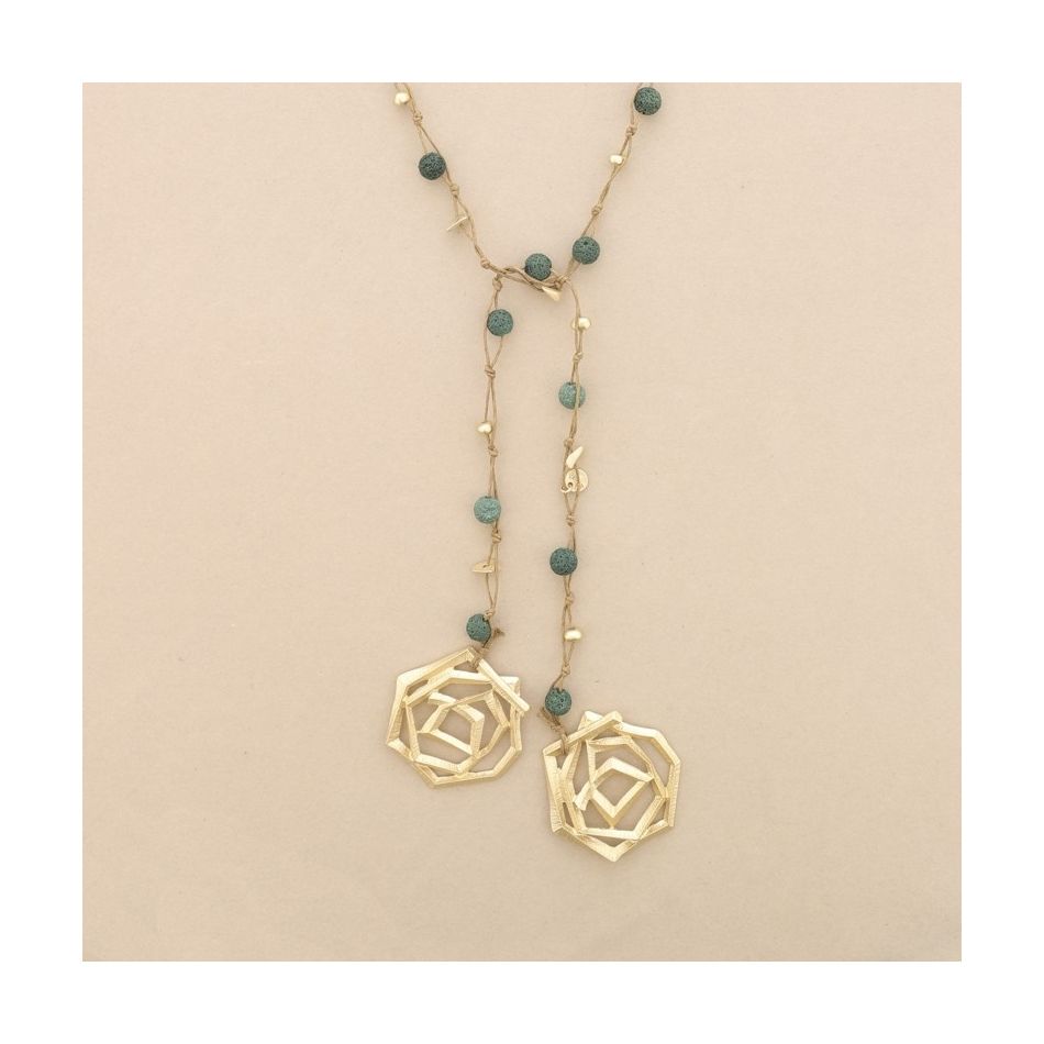 COLLAR LARGO CUENTAS LAVAS TRENZADAS DOBLE ESPIRAL METAL