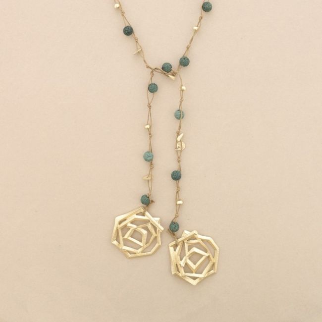 COLLAR LARGO CUENTAS LAVAS TRENZADAS DOBLE ESPIRAL METAL