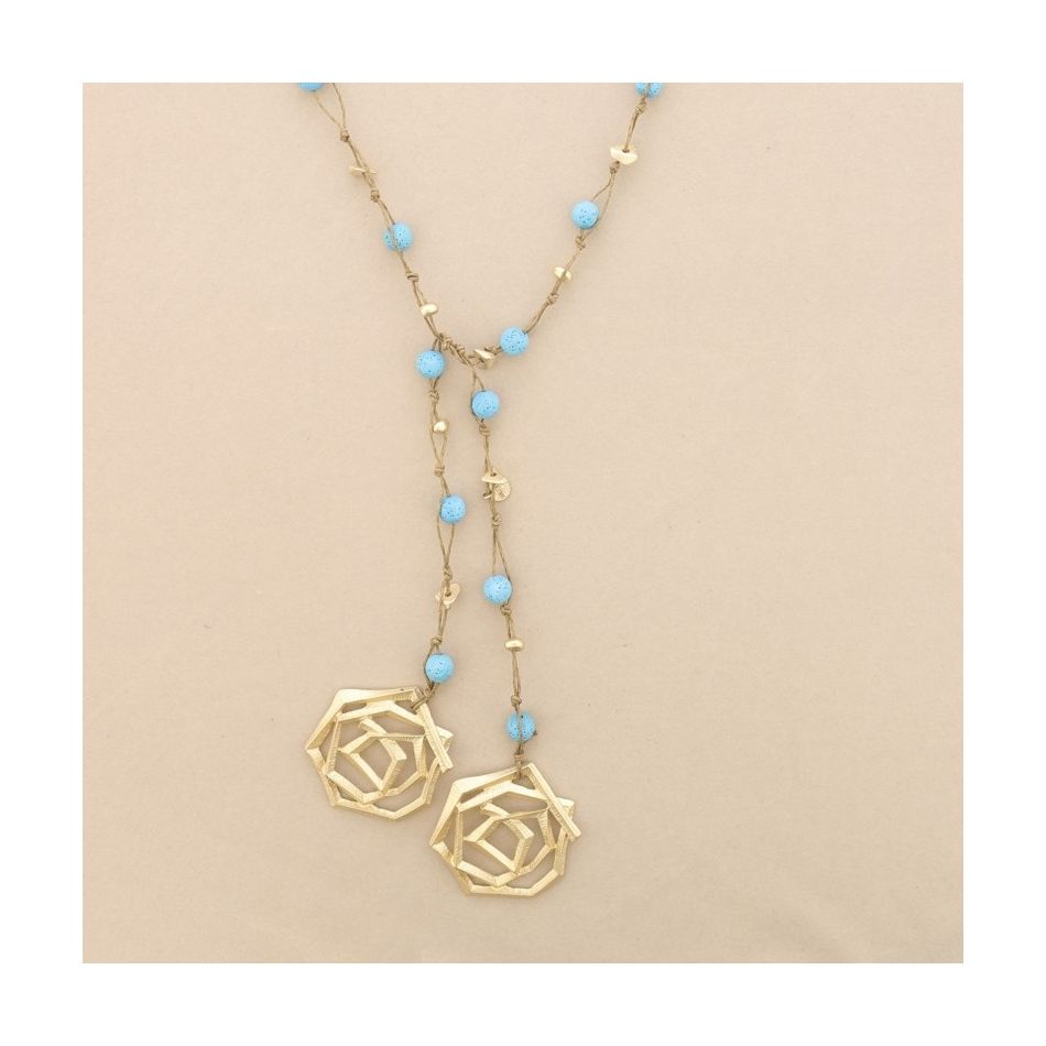 METAL DOUBLE SPIRAL BRAIDED LAVA BEADS LONG NECKLACE