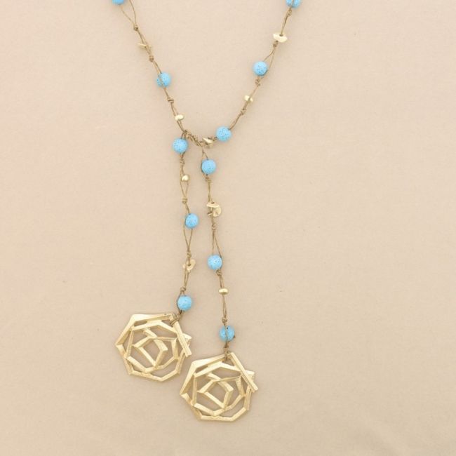 COLLAR LARGO CUENTAS LAVAS TRENZADAS DOBLE ESPIRAL METAL