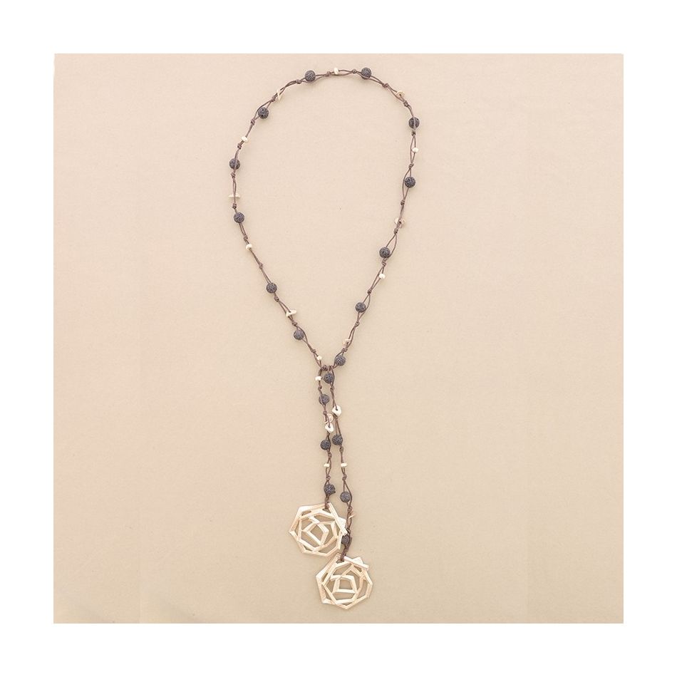 COLLAR LARGO CUENTAS LAVAS TRENZADAS DOBLE ESPIRAL METAL