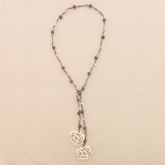 METAL DOUBLE SPIRAL BRAIDED LAVA BEADS LONG NECKLACE