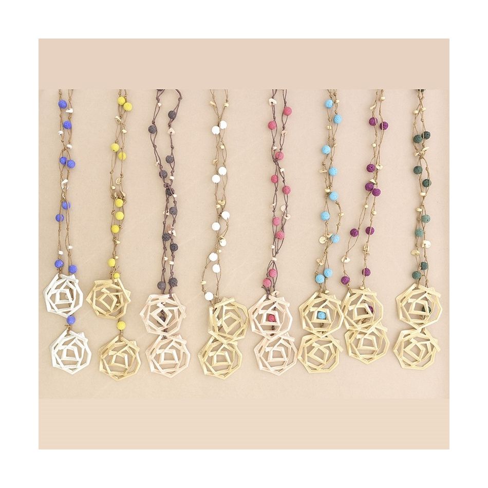 METAL DOUBLE SPIRAL BRAIDED LAVA BEADS LONG NECKLACE