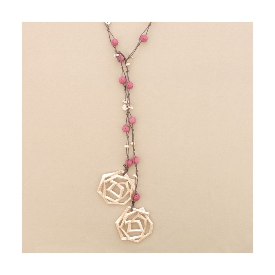 METAL DOUBLE SPIRAL BRAIDED LAVA BEADS LONG NECKLACE
