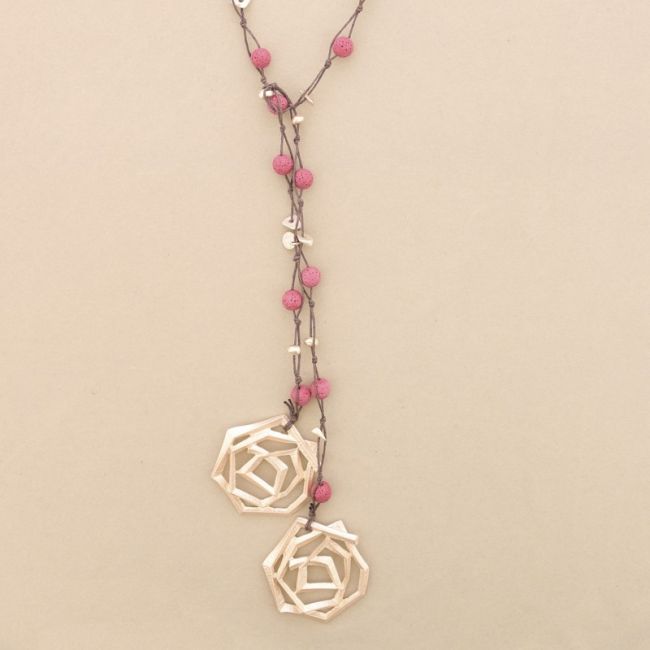 COLLAR LARGO CUENTAS LAVAS TRENZADAS DOBLE ESPIRAL METAL