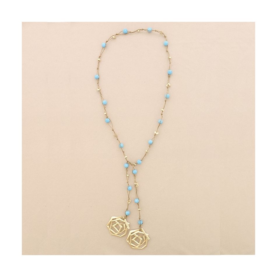 METAL DOUBLE SPIRAL BRAIDED LAVA BEADS LONG NECKLACE