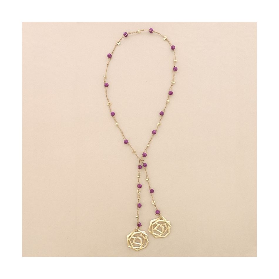 COLLAR LARGO CUENTAS LAVAS TRENZADAS DOBLE ESPIRAL METAL