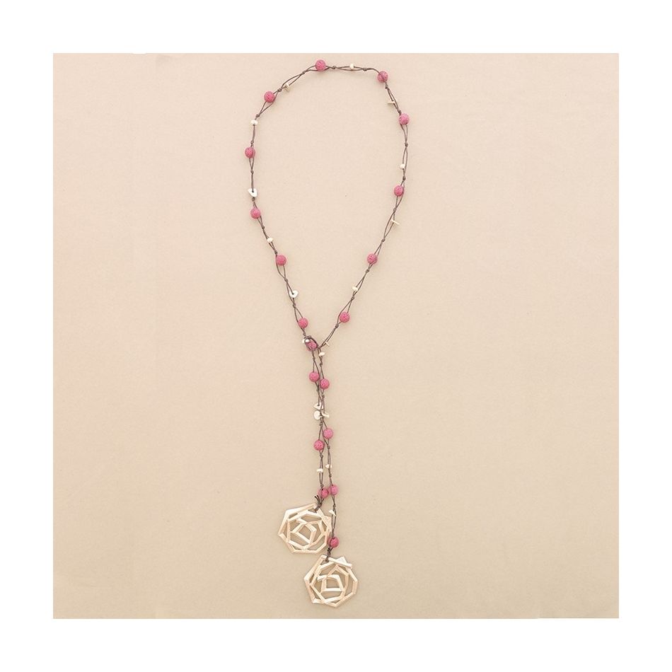 COLLAR LARGO CUENTAS LAVAS TRENZADAS DOBLE ESPIRAL METAL