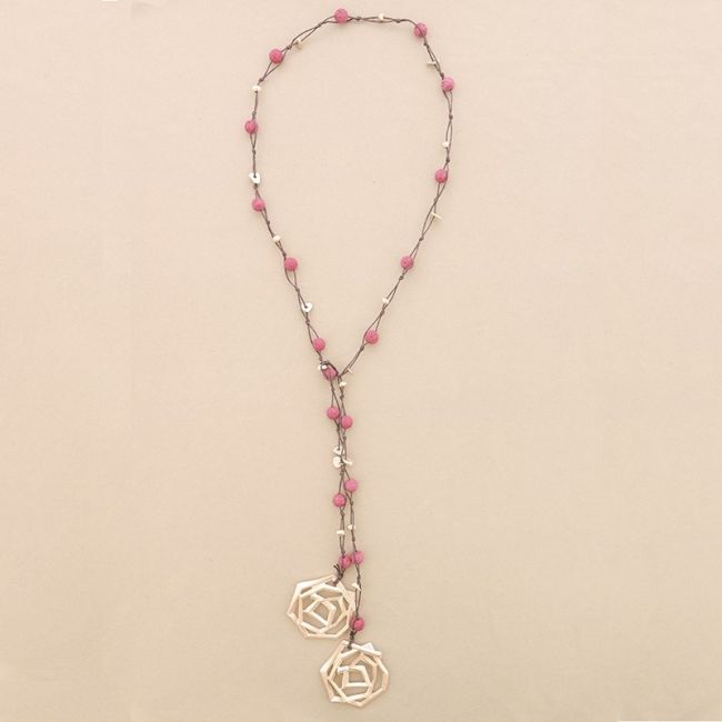 COLLAR LARGO CUENTAS LAVAS TRENZADAS DOBLE ESPIRAL METAL