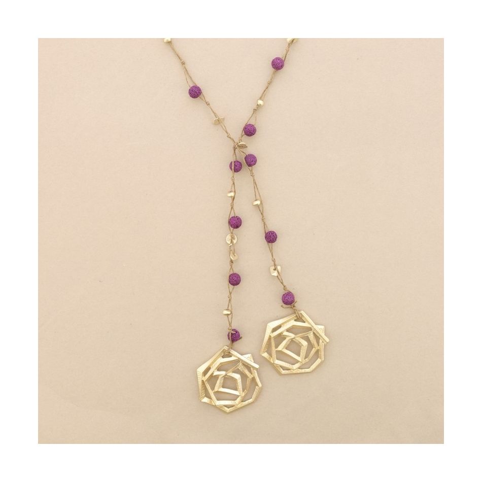 METAL DOUBLE SPIRAL BRAIDED LAVA BEADS LONG NECKLACE