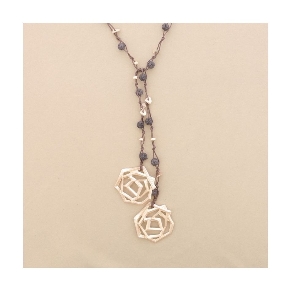 METAL DOUBLE SPIRAL BRAIDED LAVA BEADS LONG NECKLACE